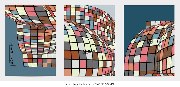 Square pixel mosaic distorted shape. Black wire frame over flat retro colors. Abstract air balloon vector background.