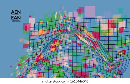 Square pixel mosaic distorted shape. Transparent overlapping squatters create dynamic movement effect. Abstract air balloon vector background.