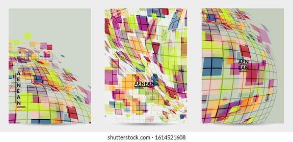 Square pixel mosaic distorted shape. Transparent overlapping squatters create dynamic movement effect. Abstract air balloon vector background.