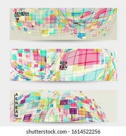 Square pixel mosaic distorted shape. Transparent overlapping squatters create dynamic movement effect. Abstract air balloon vector background.