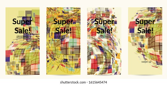 Square pixel mosaic distorted shape. Transparent overlapping squatters create dynamic movement effect. Abstract air balloon vector background.