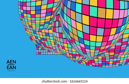 Square pixel mosaic distorted shape. Black wire frame over flat retro colors. Abstract air balloon vector background.
