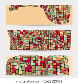 Square pixel mosaic distorted shape. Black wire frame over flat retro colors. Abstract air balloon vector background.