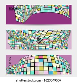Square pixel mosaic distorted shape. Black wire frame over flat retro colors. Abstract air balloon vector background.