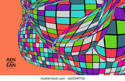 Square pixel mosaic distorted shape. Black wire frame over flat retro colors. Abstract air balloon vector background.