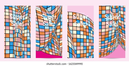 Square pixel mosaic distorted shape. Black wire frame over flat retro colors. Abstract air balloon vector background.