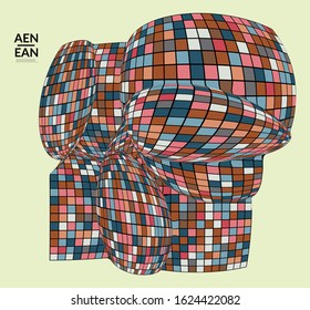 Square pixel mosaic distorted shape. Black wire frame over flat retro colors. Abstract air balloon vector background.
