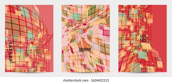Square pixel mosaic distorted shape. Transparent overlapping squatters create dynamic movement effect. Abstract air balloon vector background.