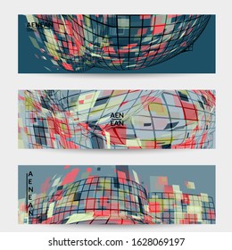Square pixel mosaic distorted shape. Transparent overlapping squatters create dynamic movement effect. Abstract air balloon vector background.