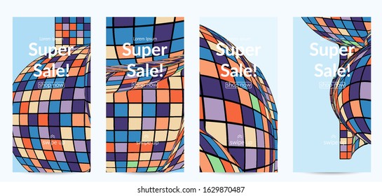 Square pixel mosaic distorted shape. Black wire frame over flat retro colors. Abstract air balloon vector background.