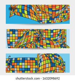 Square pixel mosaic distorted shape. Black wire frame over flat retro colors. Abstract air balloon vector background.