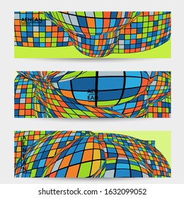 Square pixel mosaic distorted shape. Black wire frame over flat retro colors. Abstract air balloon vector background.