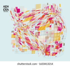 Square pixel mosaic distorted shape. Transparent overlapping squatters create dynamic movement effect. Abstract air balloon vector background