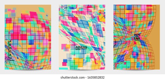 Square pixel mosaic distorted shape. Transparent overlapping squatters create dynamic movement effect. Abstract air balloon vector background.