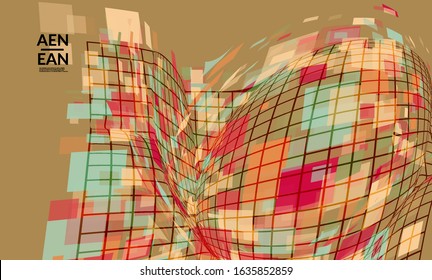 Square pixel mosaic distorted shape. Transparent overlapping squatters create dynamic movement effect. Abstract air balloon vector background.