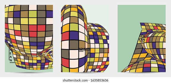 Square pixel mosaic distorted shape. Black wire frame over flat retro colors. Abstract air balloon vector background.