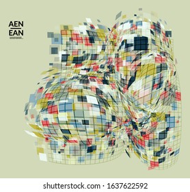 Square pixel mosaic distorted shape. Transparent overlapping squatters create dynamic movement effect. Abstract air balloon vector background