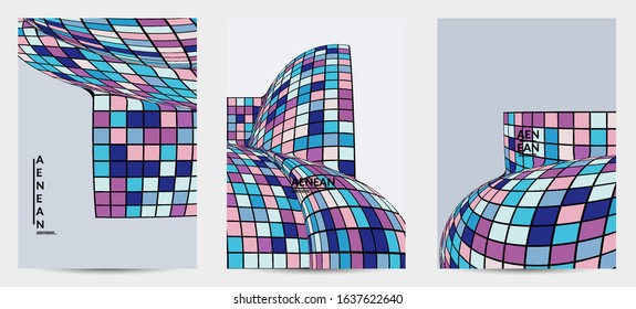 Square pixel mosaic distorted shape. Black wire frame over flat retro colors. Abstract air balloon vector background.