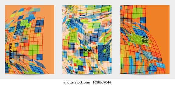 Square pixel mosaic distorted shape. Transparent overlapping squatters create dynamic movement effect. Abstract air balloon vector background.