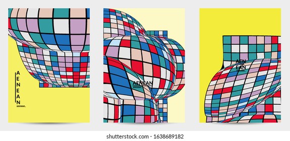 Square pixel mosaic distorted shape. Black wire frame over flat retro colors. Abstract air balloon vector background.