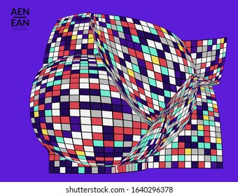 Square pixel mosaic distorted shape. Black wire frame over flat retro colors. Abstract air balloon vector background.
