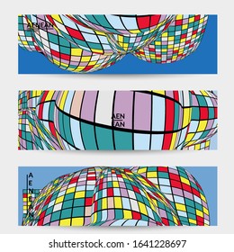 Square pixel mosaic distorted shape. Black wire frame over flat retro colors. Abstract air balloon vector background.