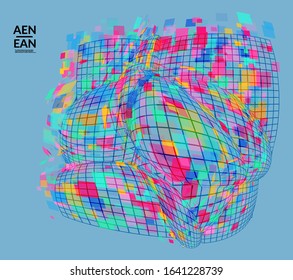 Square pixel mosaic distorted shape. Transparent overlapping squatters create dynamic movement effect. Abstract air balloon vector background