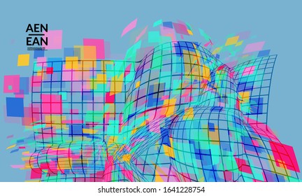 Square pixel mosaic distorted shape. Transparent overlapping squatters create dynamic movement effect. Abstract air balloon vector background.