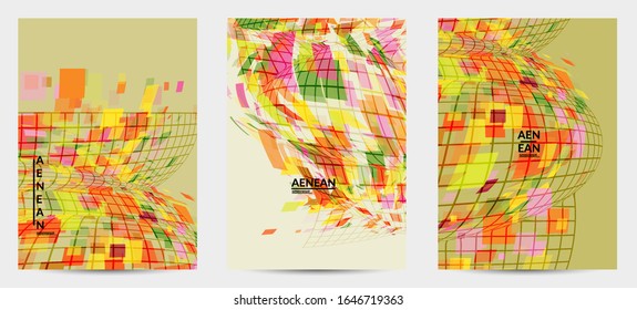 Square pixel mosaic distorted shape. Transparent overlapping squatters create dynamic movement effect. Abstract air balloon vector background.