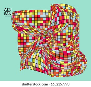 Square pixel mosaic distorted shape. Black wire frame over flat retro colors. Abstract air balloon vector background.