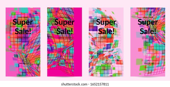 Square pixel mosaic distorted shape. Transparent overlapping squatters create dynamic movement effect. Abstract air balloon vector background.