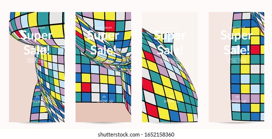 Square pixel mosaic distorted shape. Black wire frame over flat retro colors. Abstract air balloon vector background.