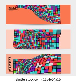 Square pixel mosaic distorted shape. Black wire frame over flat retro colors. Abstract air balloon vector background.