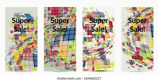 Square pixel mosaic distorted shape. Transparent overlapping squatters create dynamic movement effect. Abstract air balloon vector background.
