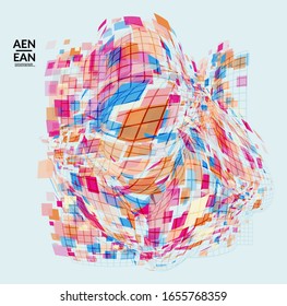 Square pixel mosaic distorted shape. Transparent overlapping squatters create dynamic movement effect. Abstract air balloon vector background