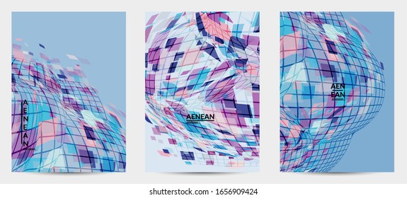 Square pixel mosaic distorted shape. Transparent overlapping squatters create dynamic movement effect. Abstract air balloon vector background.