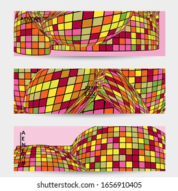 Square pixel mosaic distorted shape. Black wire frame over flat retro colors. Abstract air balloon vector background.