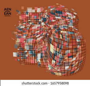 Square pixel mosaic distorted shape. Transparent overlapping squatters create dynamic movement effect. Abstract air balloon vector background