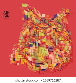 Square pixel mosaic distorted shape. Transparent overlapping squatters create dynamic movement effect. Abstract air balloon vector background