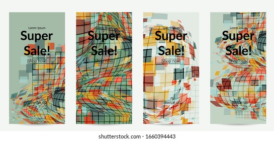 Square pixel mosaic distorted shape. Transparent overlapping squatters create dynamic movement effect. Abstract air balloon vector background.