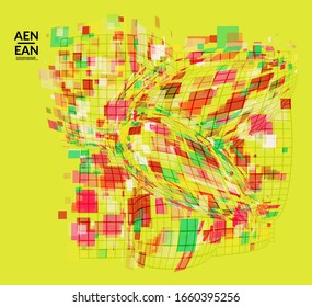 Square pixel mosaic distorted shape. Transparent overlapping squatters create dynamic movement effect. Abstract air balloon vector background