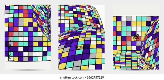 Square pixel mosaic distorted shape. Black wire frame over flat retro colors. Abstract air balloon vector background.