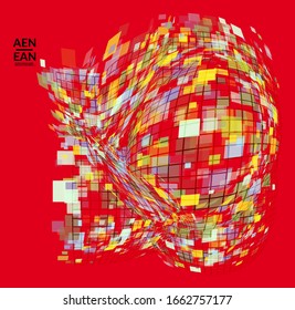 Square pixel mosaic distorted shape. Transparent overlapping squatters create dynamic movement effect. Abstract air balloon vector background