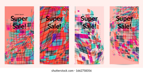 Square pixel mosaic distorted shape. Transparent overlapping squatters create dynamic movement effect. Abstract air balloon vector background.