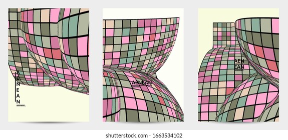 Square pixel mosaic distorted shape. Black wire frame over flat retro colors.  vector background.