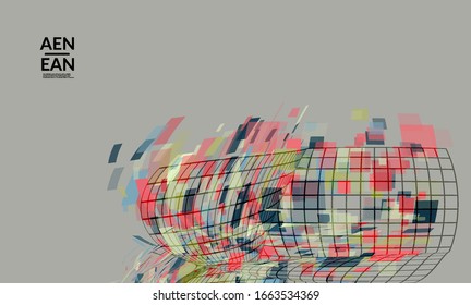 Square pixel mosaic distorted shape. Transparent overlapping squatters create dynamic movement effect.  