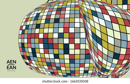 Square pixel mosaic distorted shape. Black wire frame over flat retro colors.  