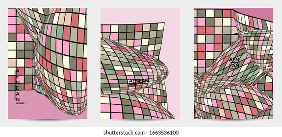 Square pixel mosaic distorted shape. Black wire frame over flat retro colors. Abstract air balloon vector background.