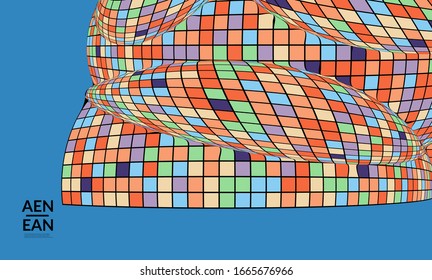 Square pixel mosaic distorted shape. Black wire frame over flat retro colors. Abstract air balloon vector background.