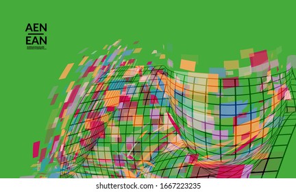 Square pixel mosaic distorted shape. Transparent overlapping squatters create dynamic movement effect. Abstract air balloon vector background.